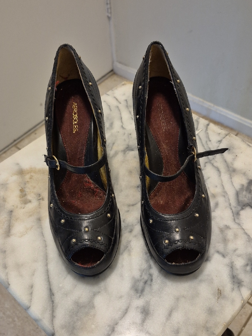 AEROSOLES Black Studded Mary Jane Peep-Toe Heels